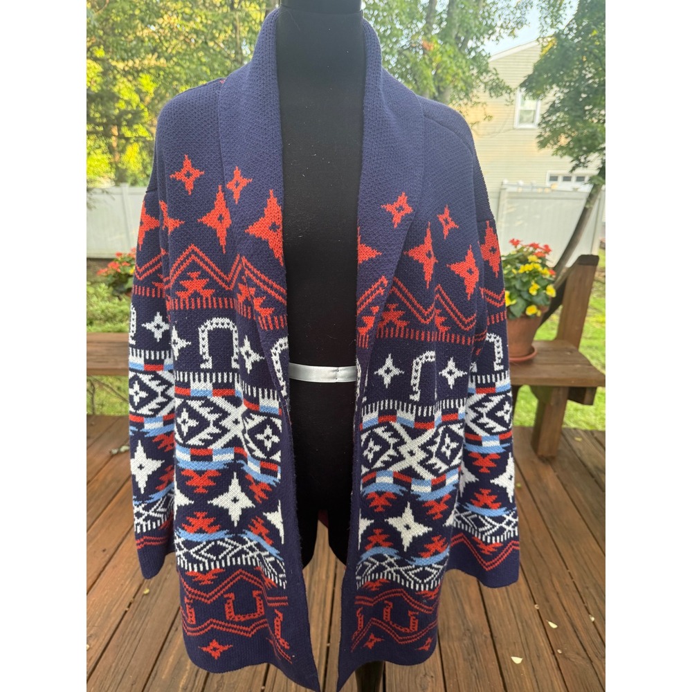 Lucky Brand Womens Southwestern Intarsia Shawl Cardigan Navy Red XL RN80318